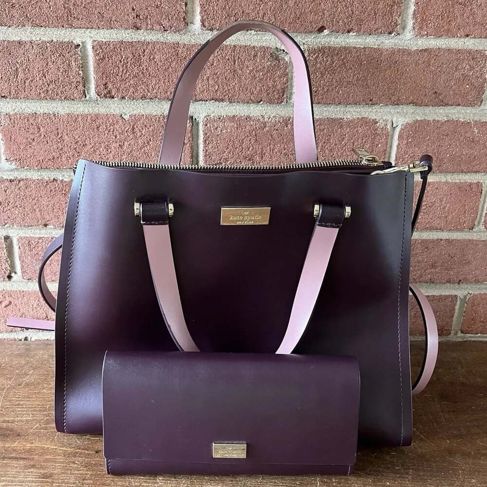 Kate Spade New York Two-Tone Burgundy and Pink Leather Satchel and Wallet Set